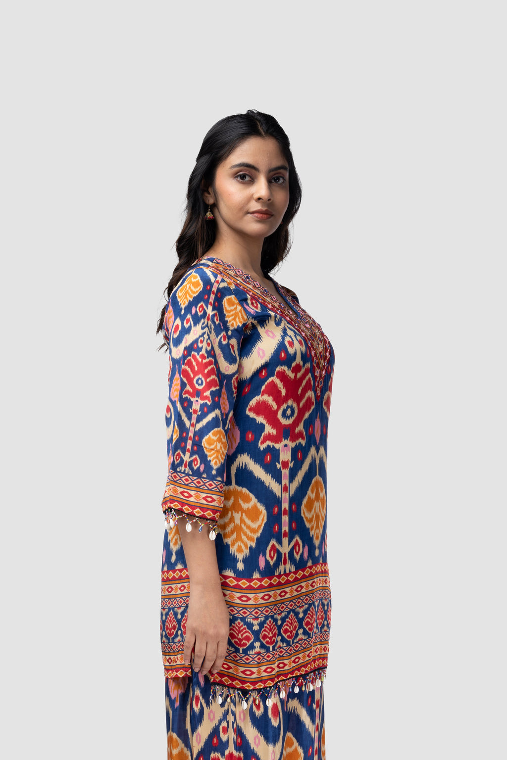 Multicoloured co-ordset with patola print in pure crape