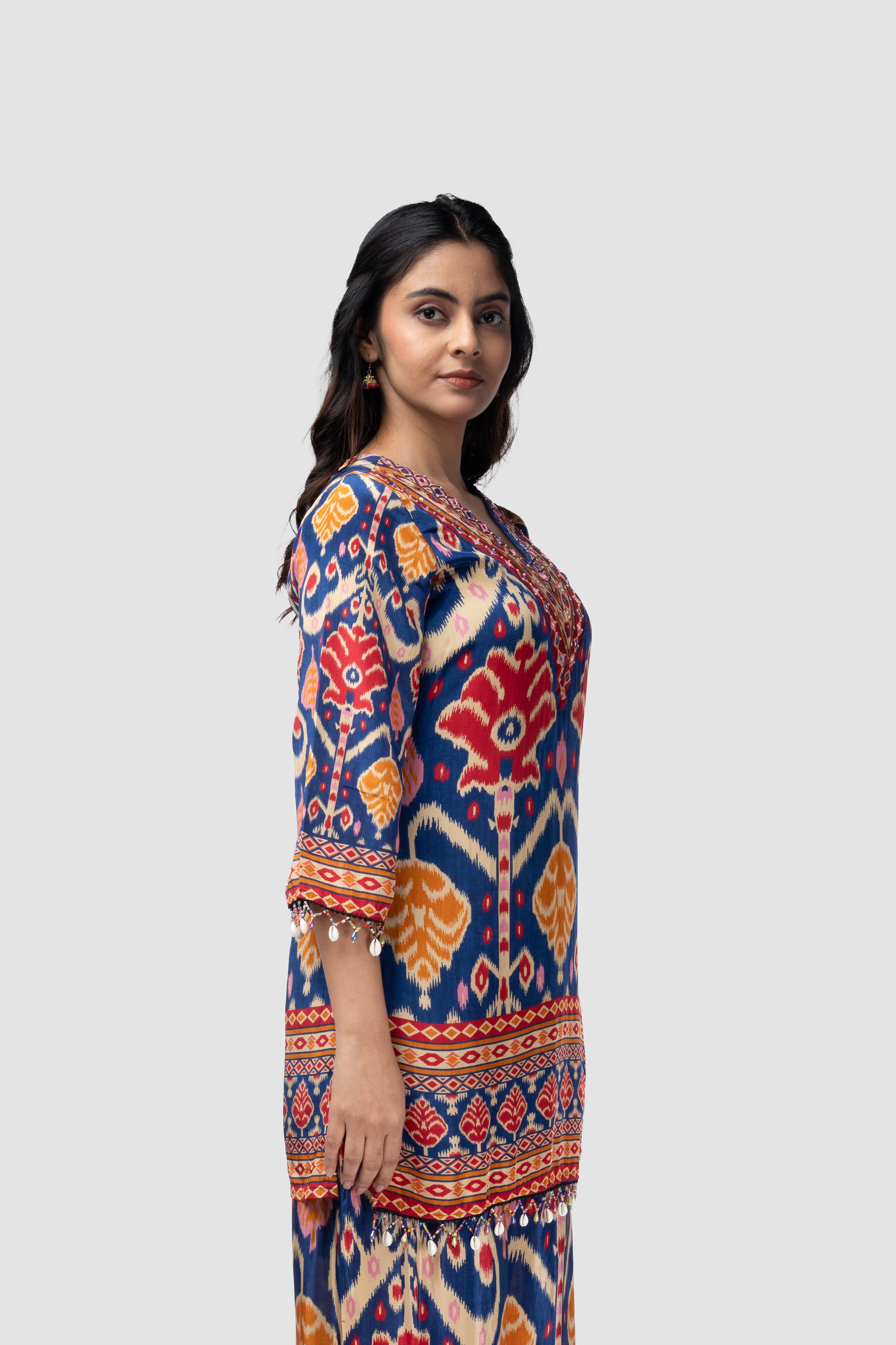 Multicoloured co-ordset with patola print in pure crape