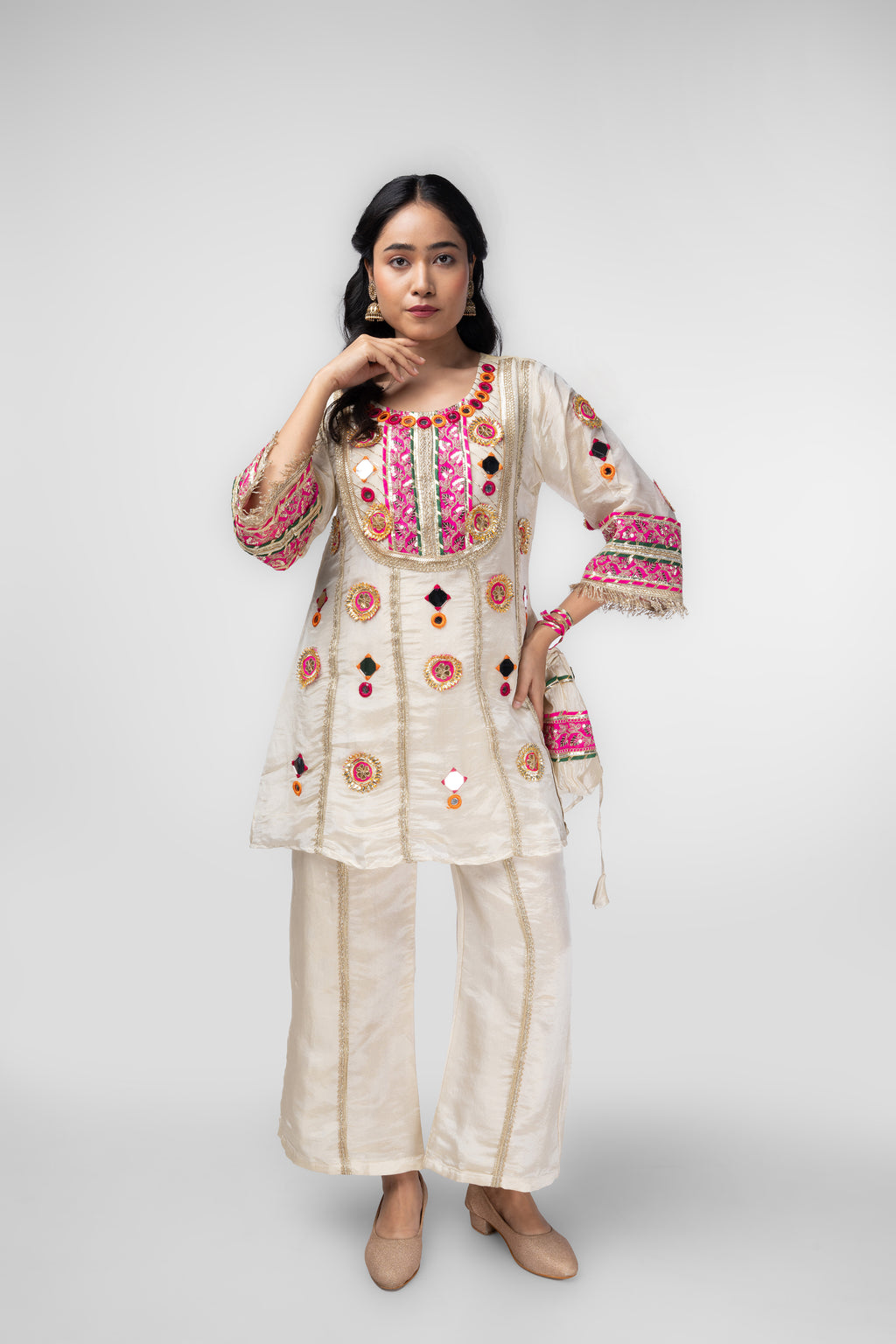 Ivory Embellished Kurti Set with Potli