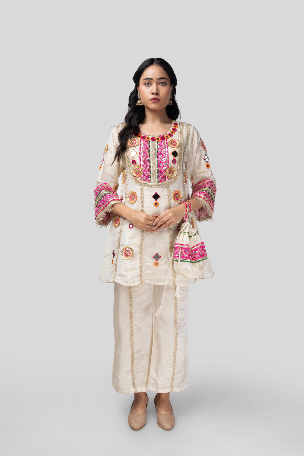 Ivory Embellished Kurti Set with Potli