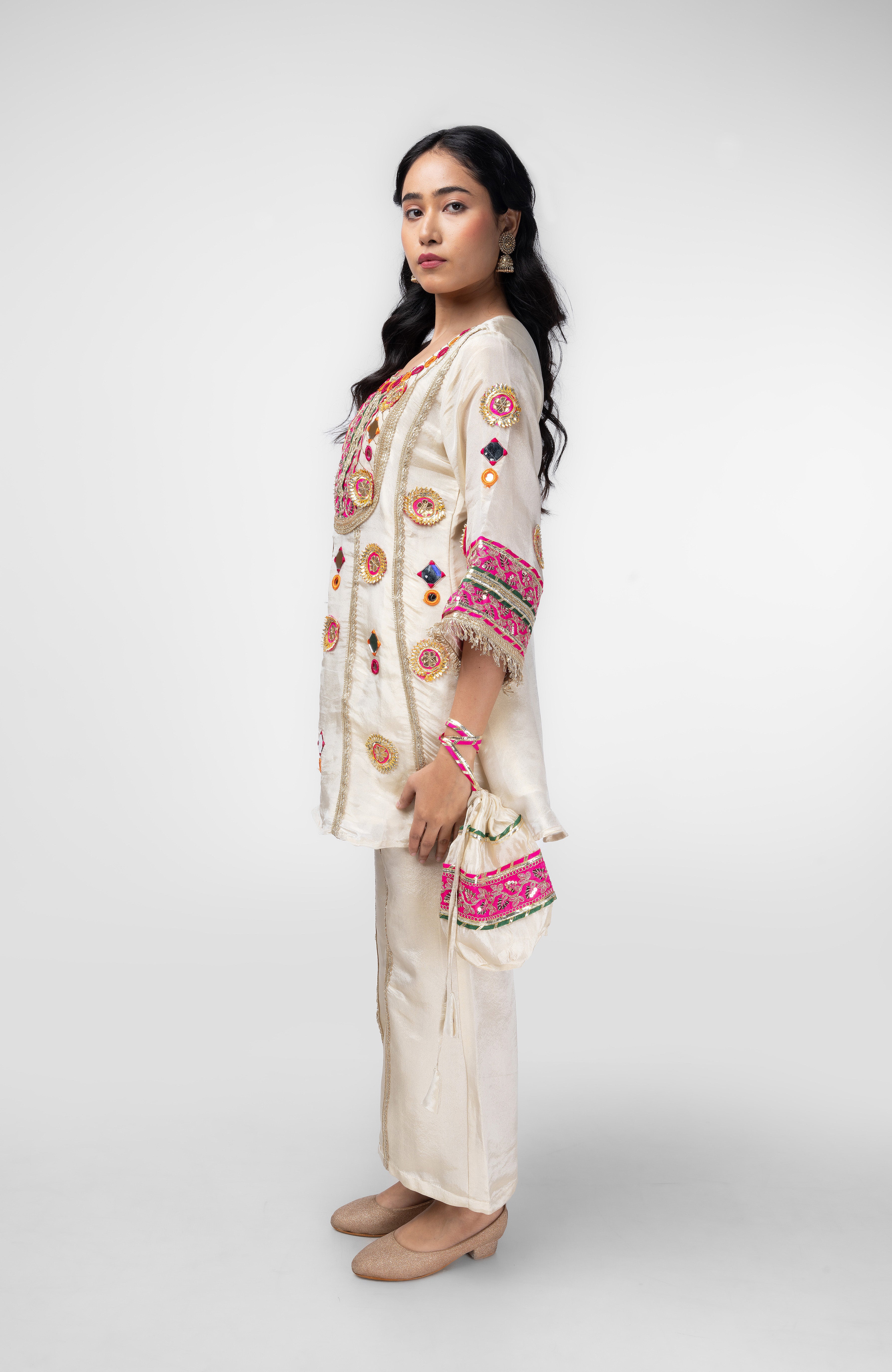Ivory Embellished Kurti Set with Potli