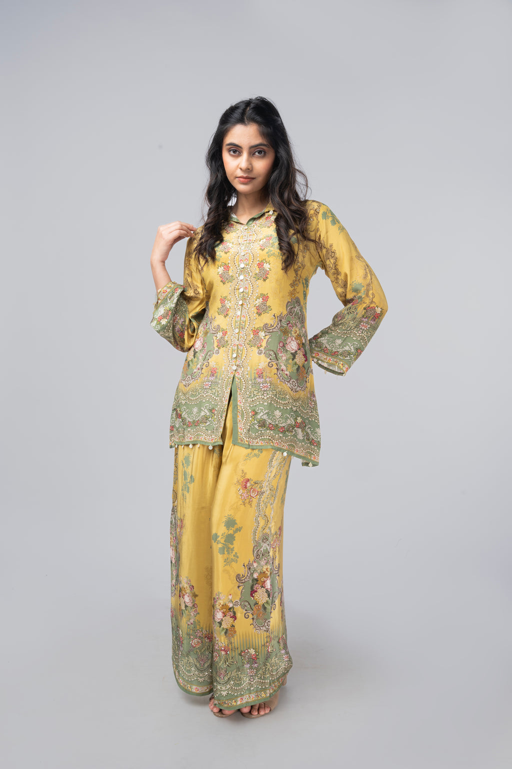 Mustard Garden Print Kurti Set
