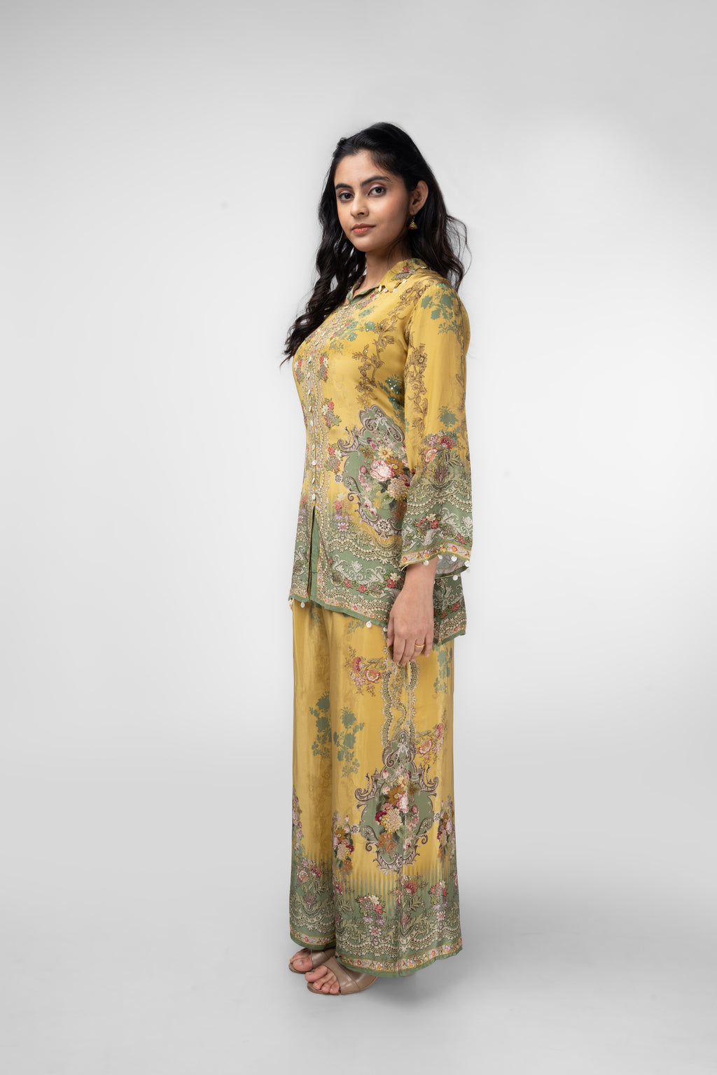 Mustard Garden Print Kurti Set
