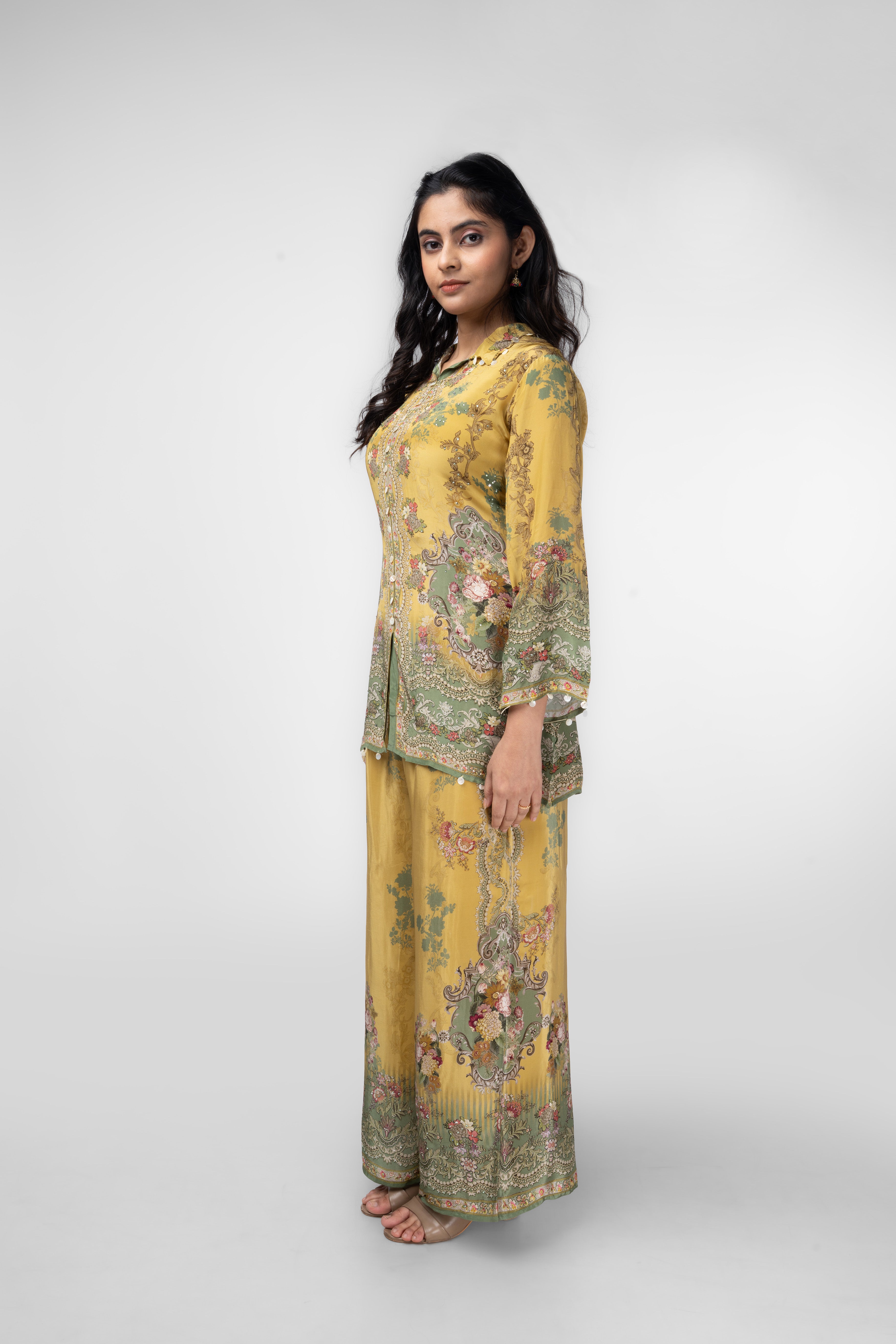 Mustard Garden Print Kurti Set