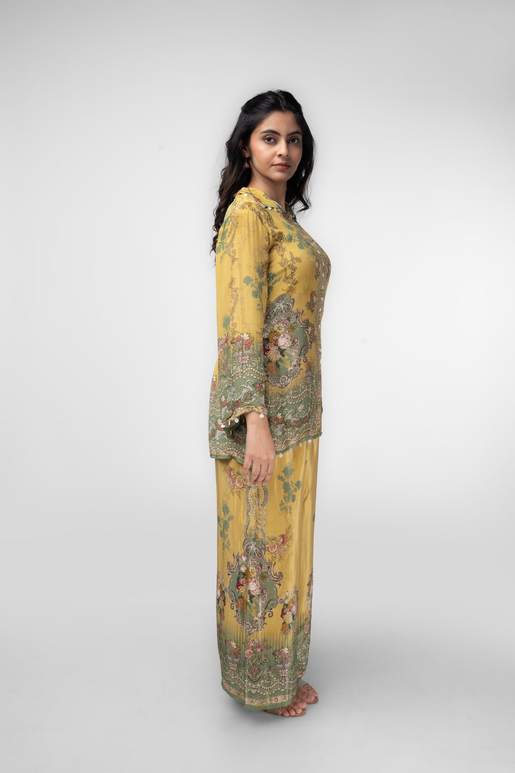 Mustard Garden Print Kurti Set