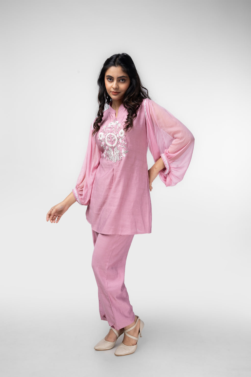 Blush Pink Embroidered Kurti Co-ord Set with Inner