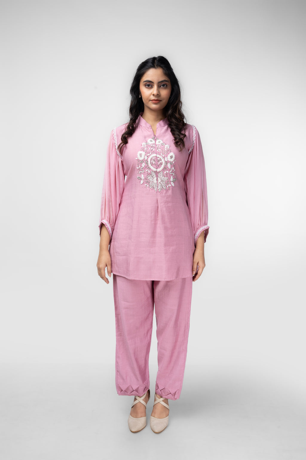 Blush Pink Embroidered Kurti Co-ord Set with Inner