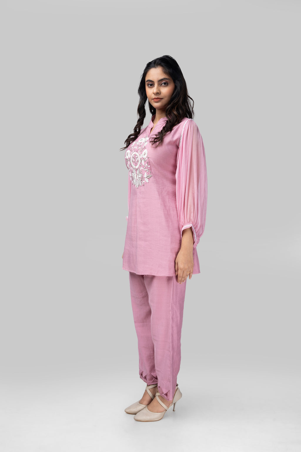 Blush Pink Embroidered Kurti Co-ord Set with Inner