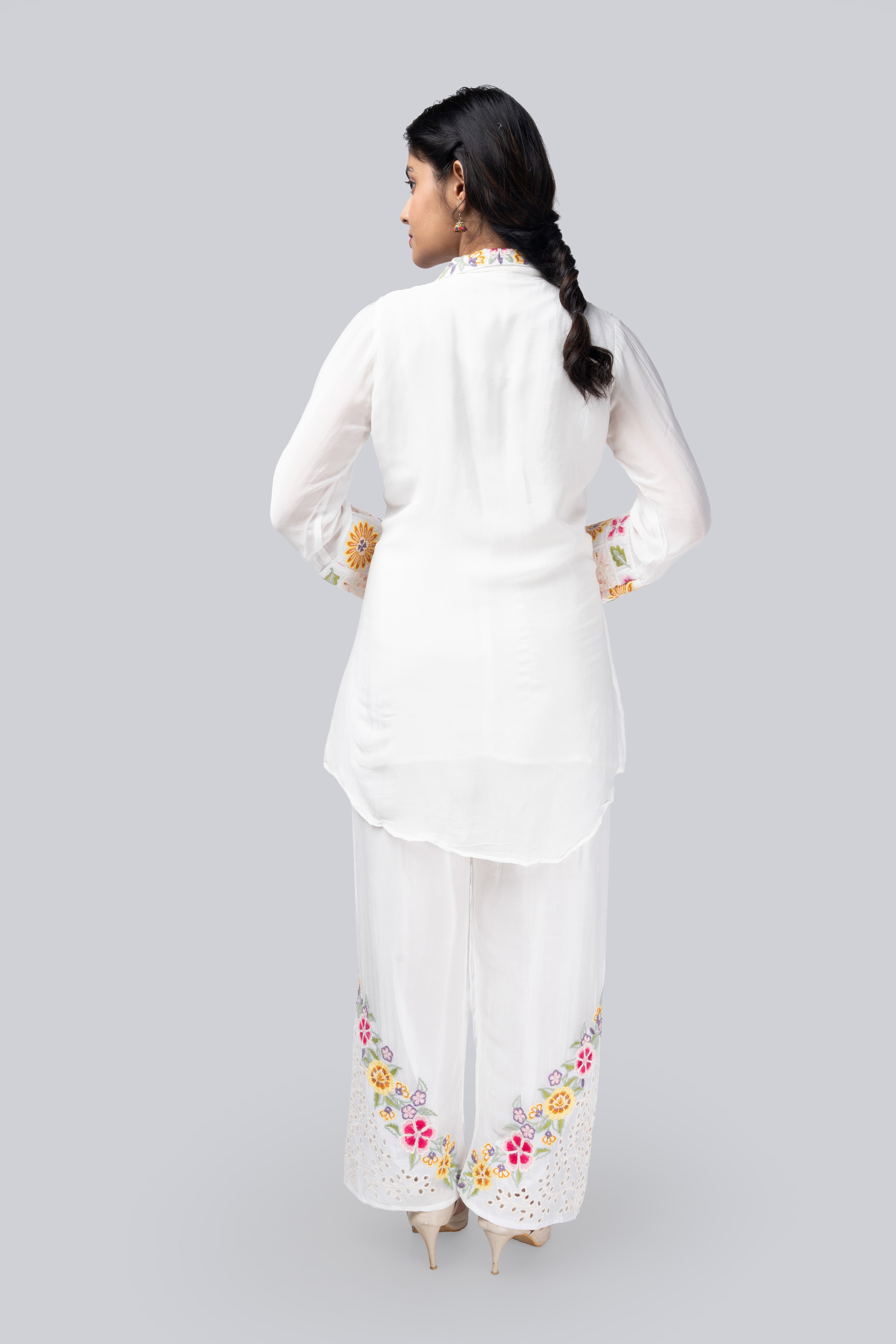 White Floral Embroidered Kurti Co-ord Set