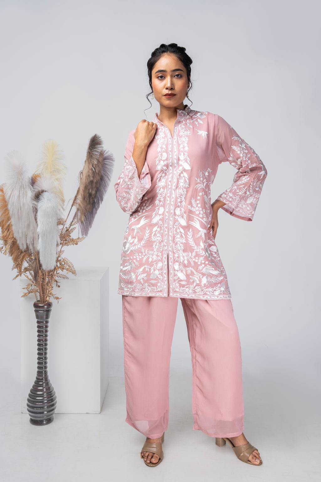 Rose Mist Embroidered Kurti Set