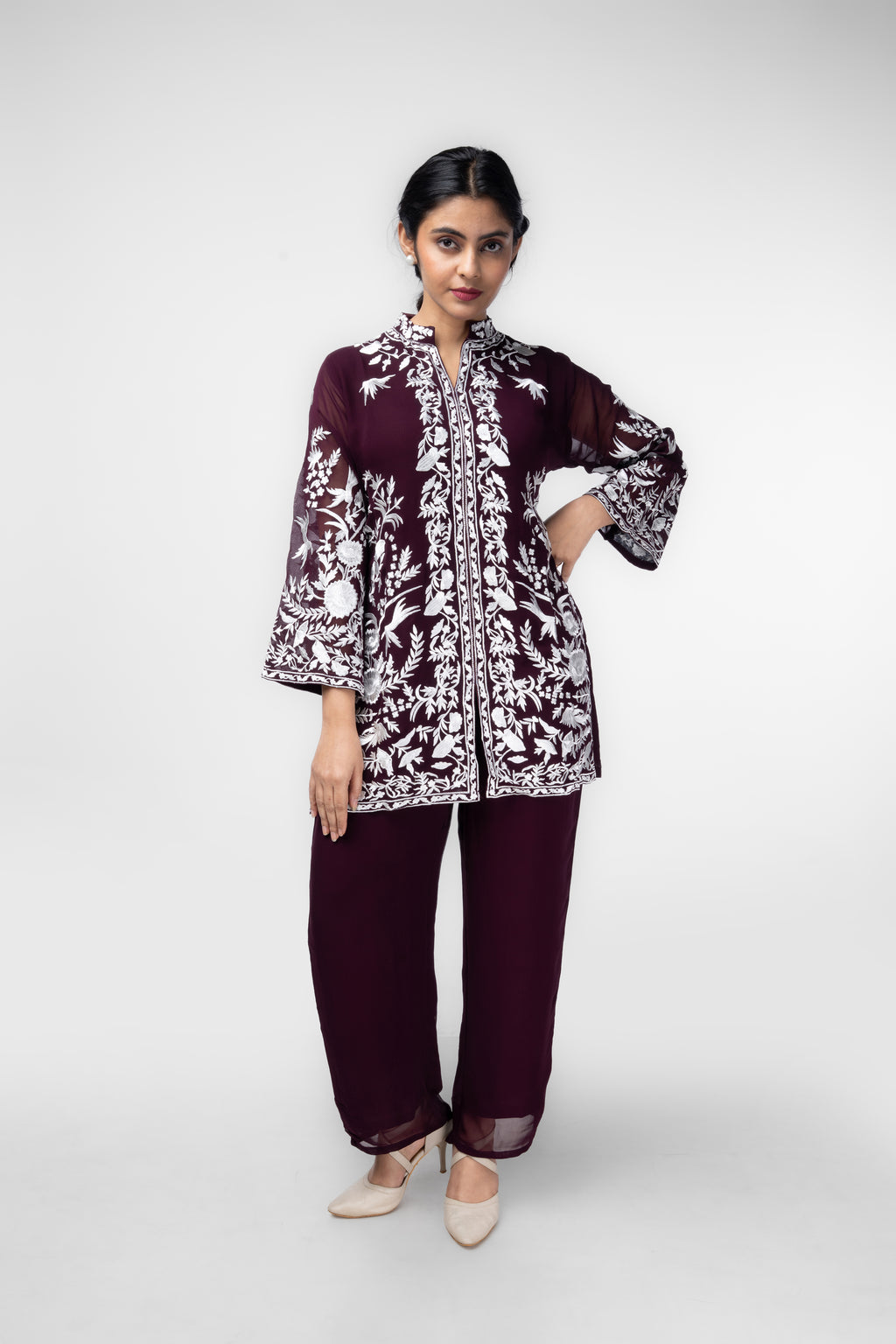 Wine Embroidered Kurti Co-ord Set with Ivory Floral Motifs
