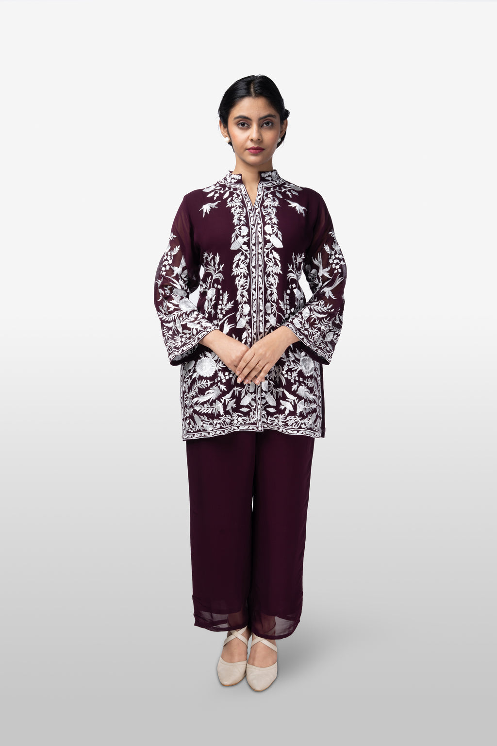 Wine Embroidered Kurti Co-ord Set with Ivory Floral Motifs