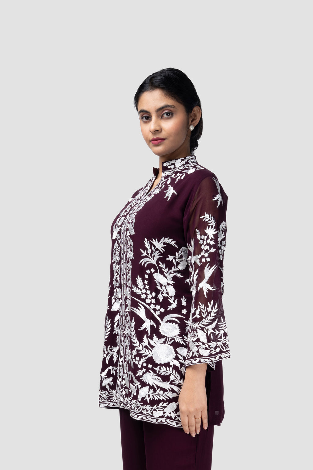 Wine Embroidered Kurti Co-ord Set with Ivory Floral Motifs