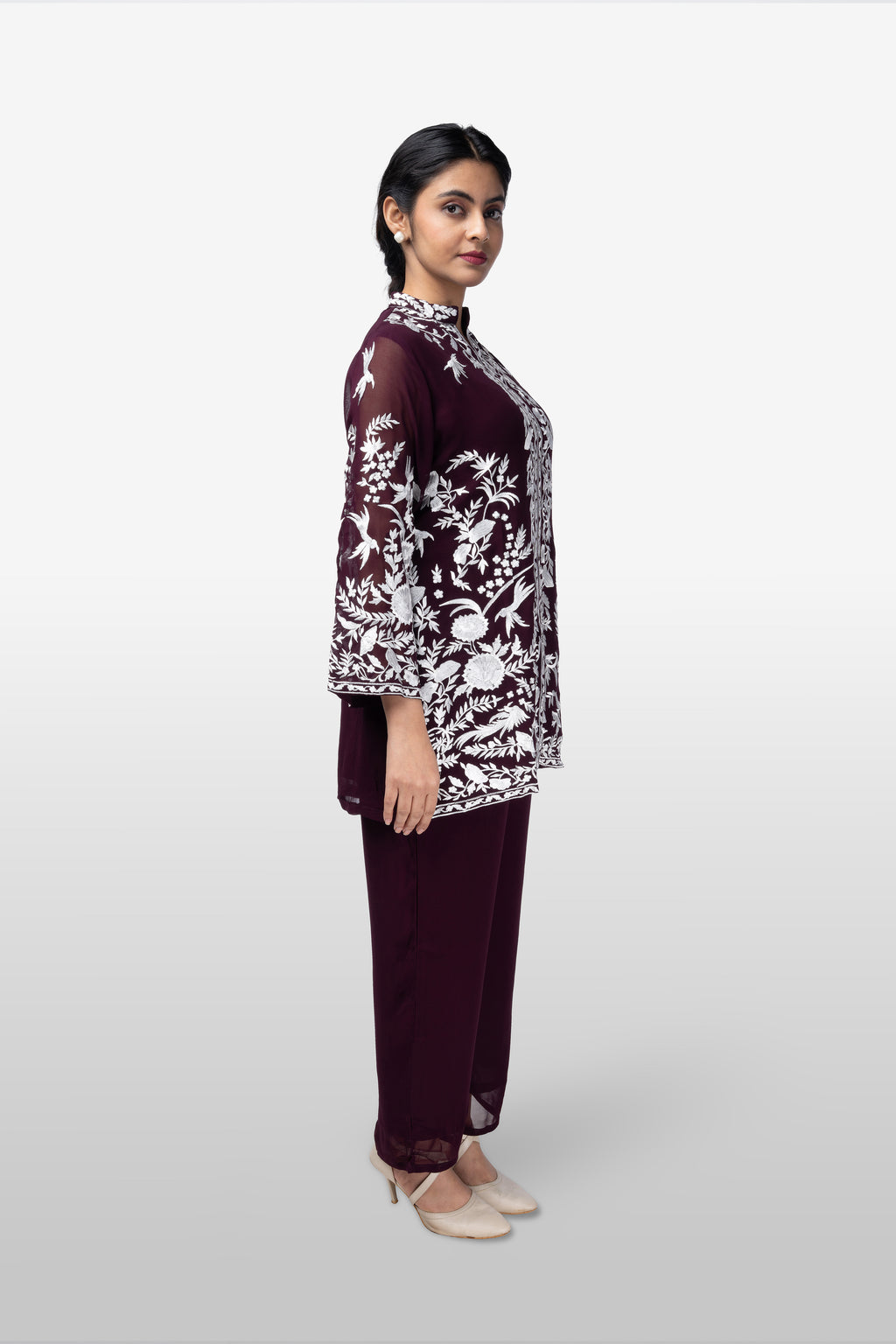 Wine Embroidered Kurti Co-ord Set with Ivory Floral Motifs