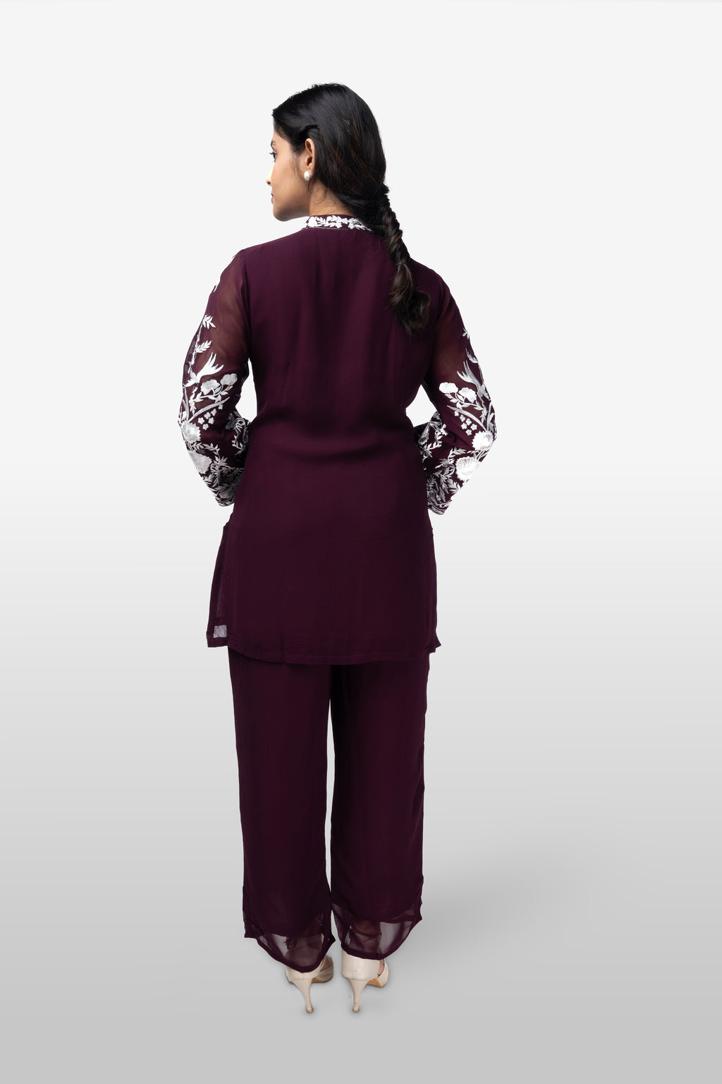 Wine Embroidered Kurti Co-ord Set with Ivory Floral Motifs