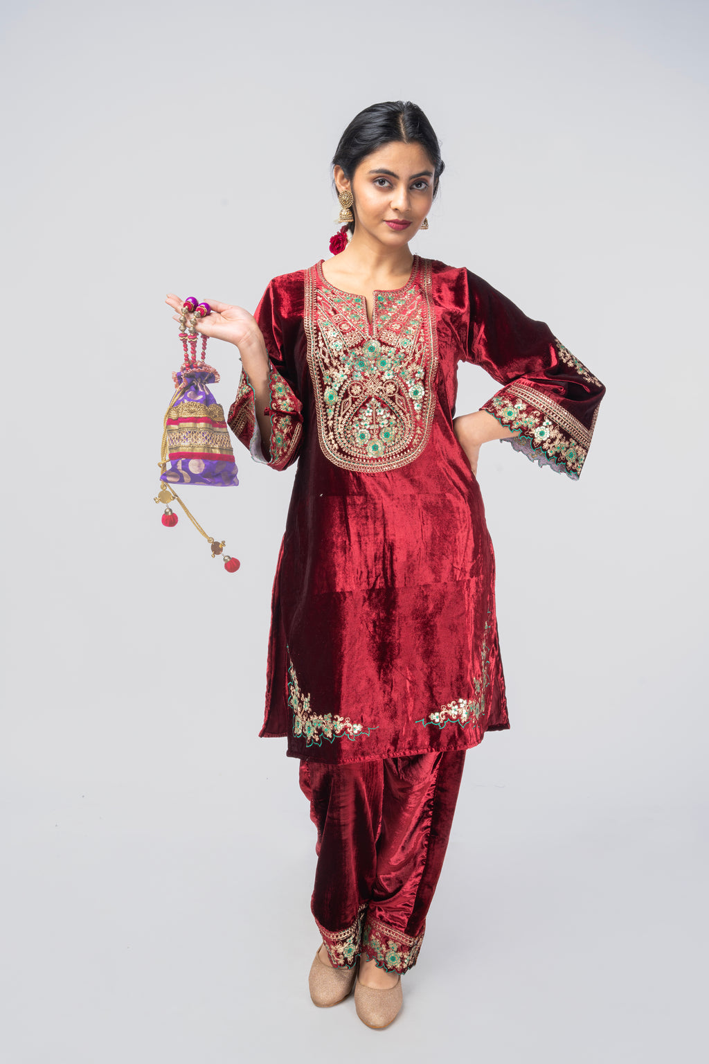 Wine Velvet Heavily Embroidered Kurti Set