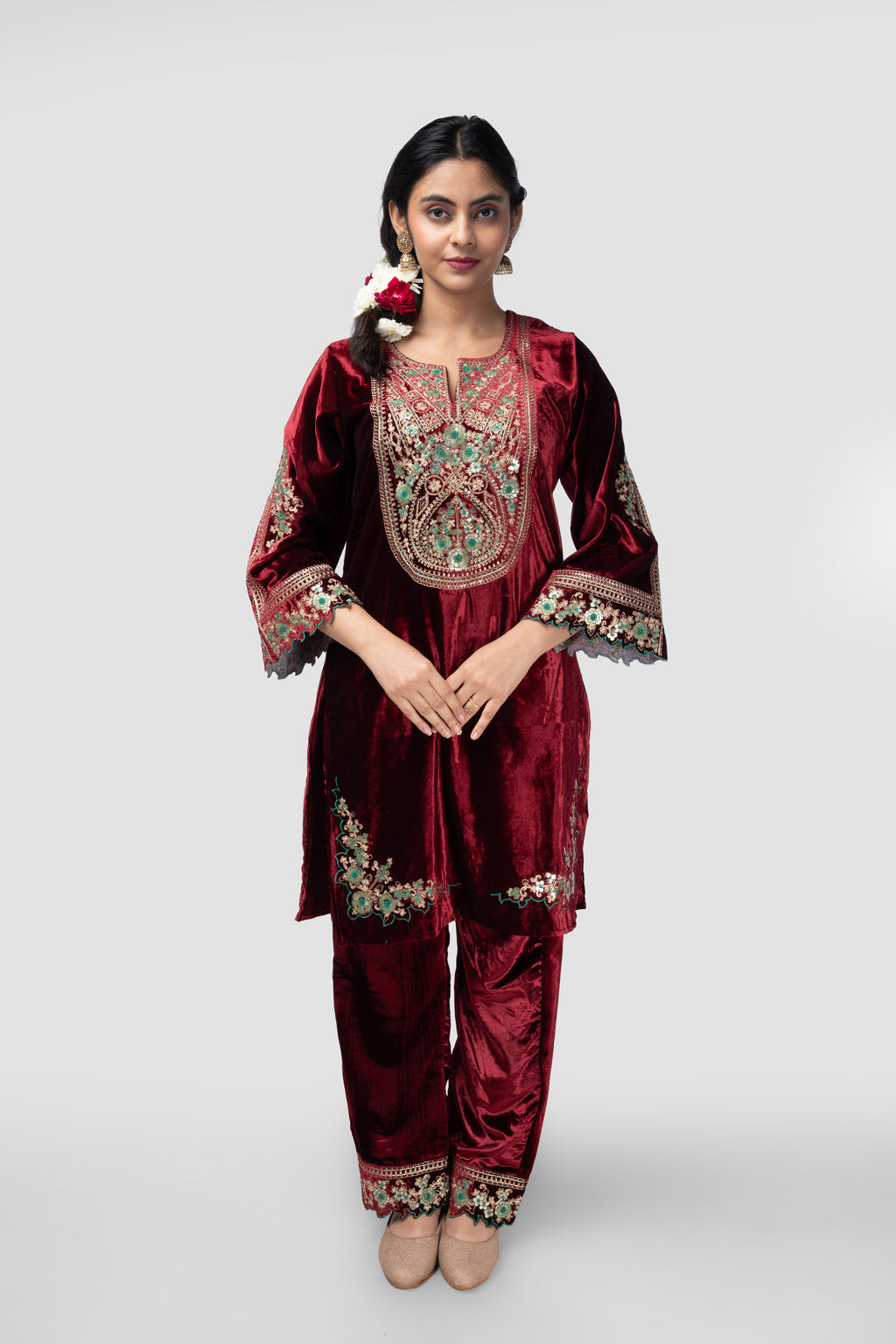Wine Velvet Heavily Embroidered Kurti Set