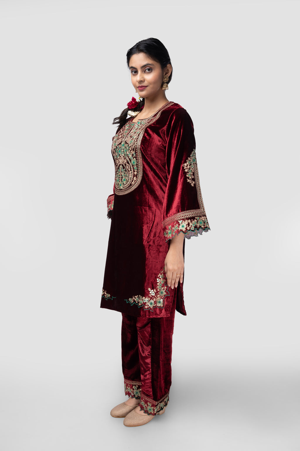 Wine Velvet Heavily Embroidered Kurti Set