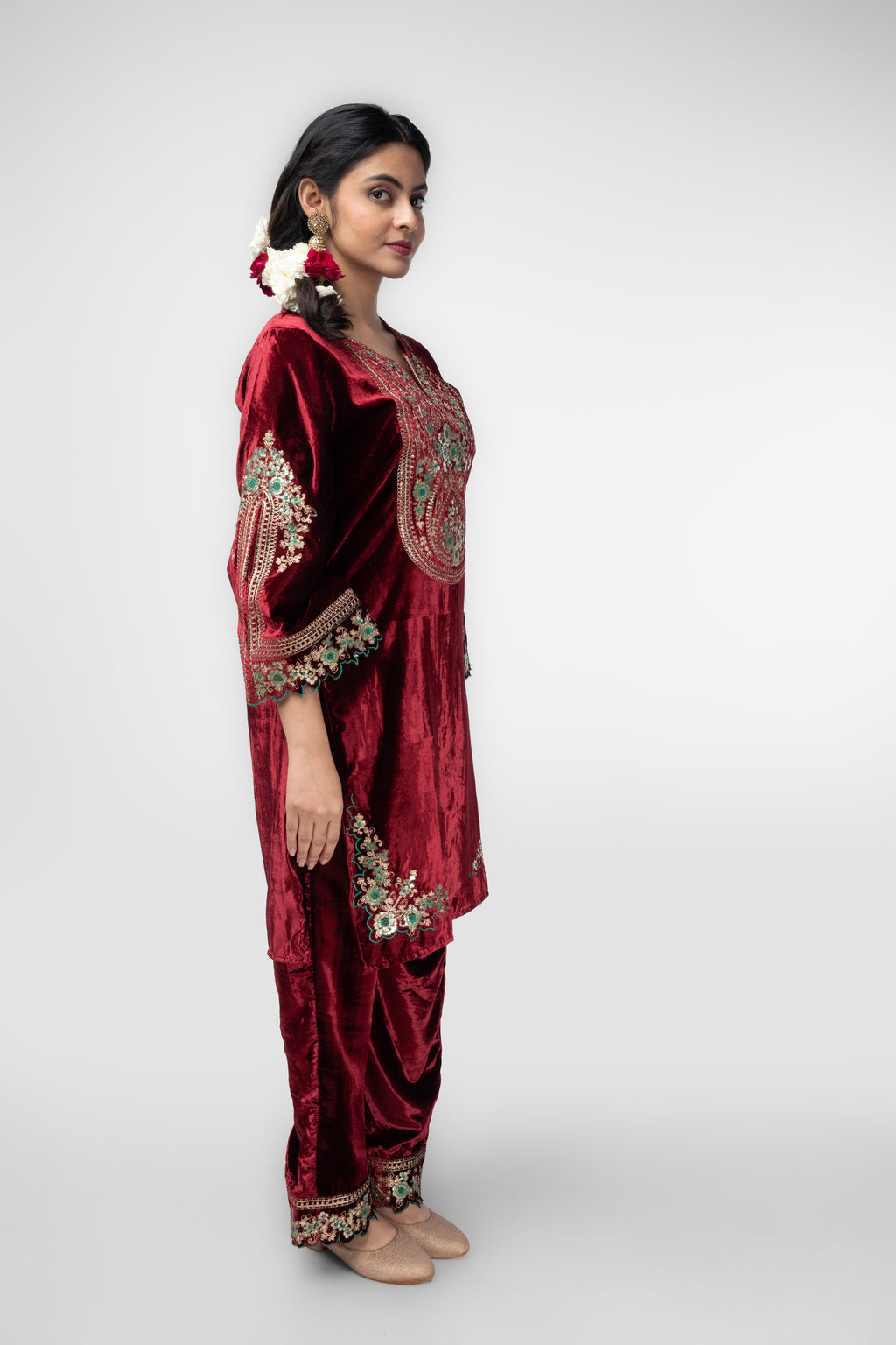 Wine Velvet Heavily Embroidered Kurti Set