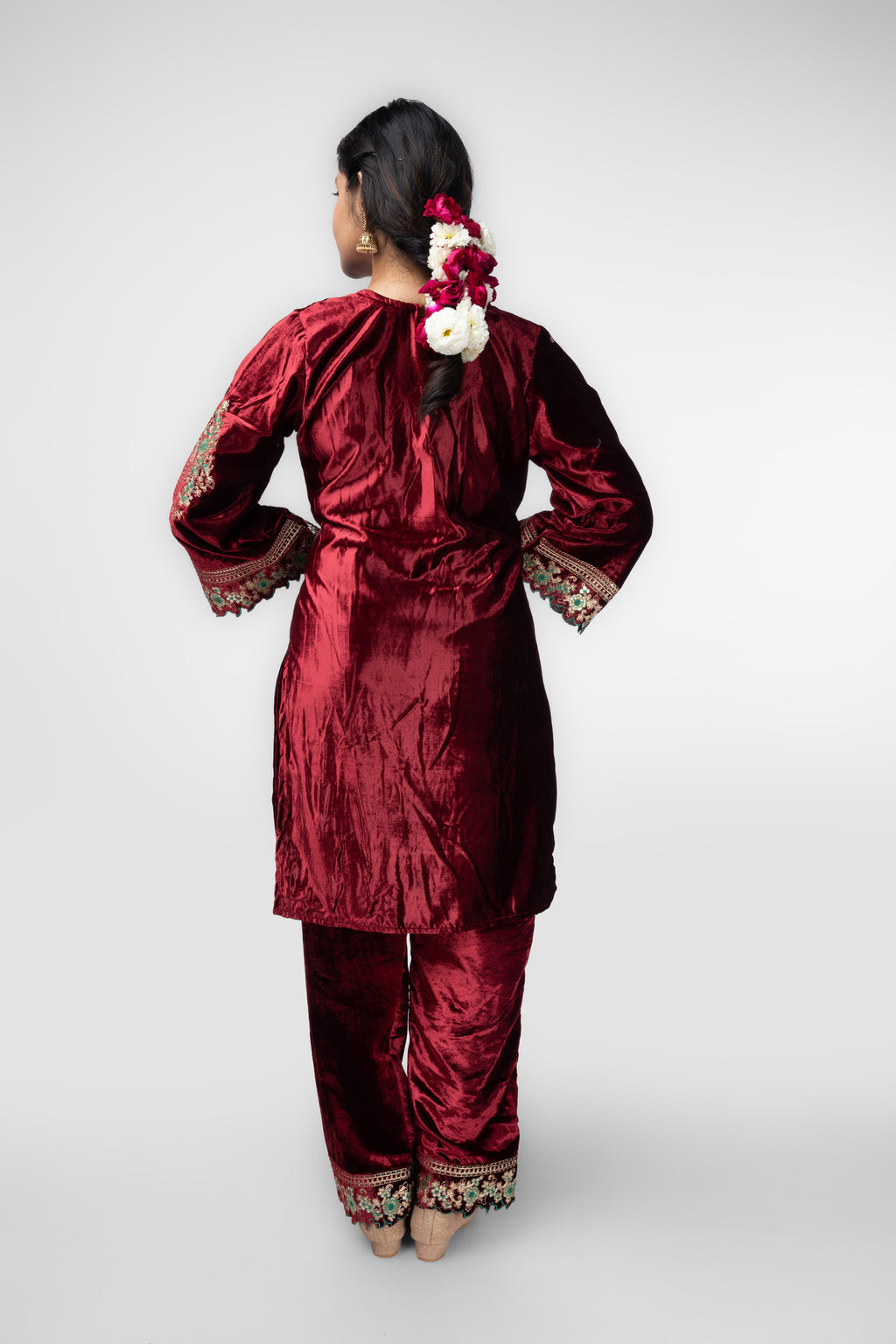 Wine Velvet Heavily Embroidered Kurti Set