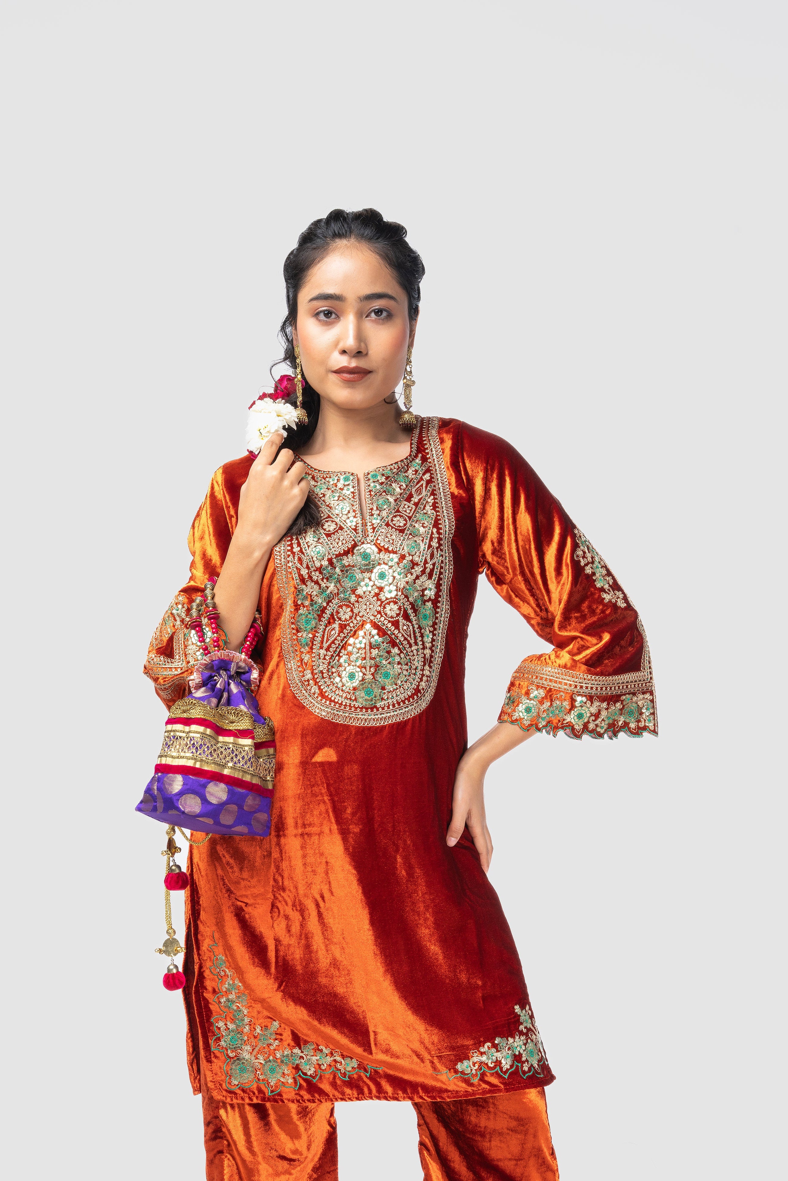 Rusty orange Velvet Embroidered Kurti Set