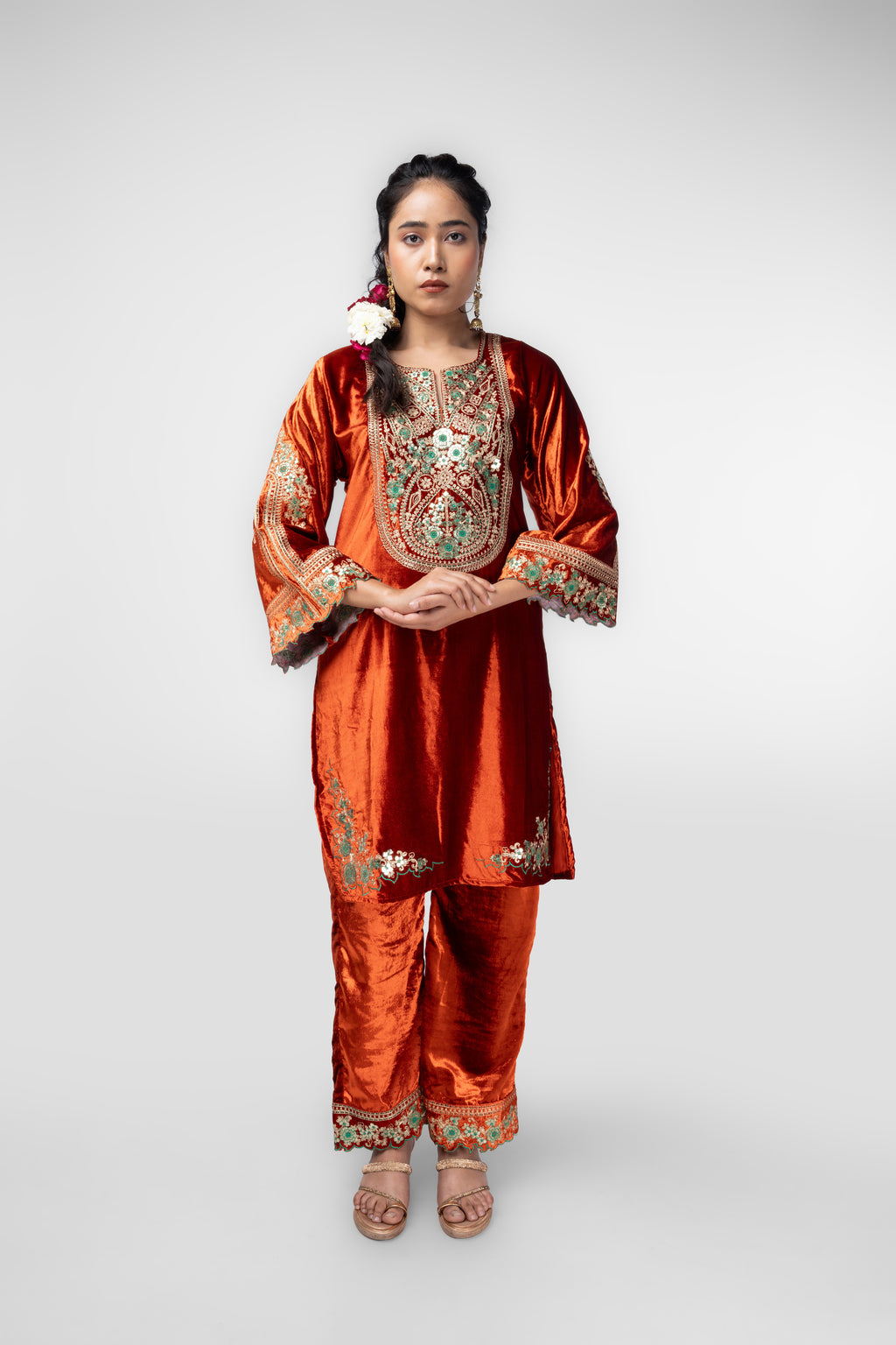 Rusty orange Velvet Embroidered Kurti Set