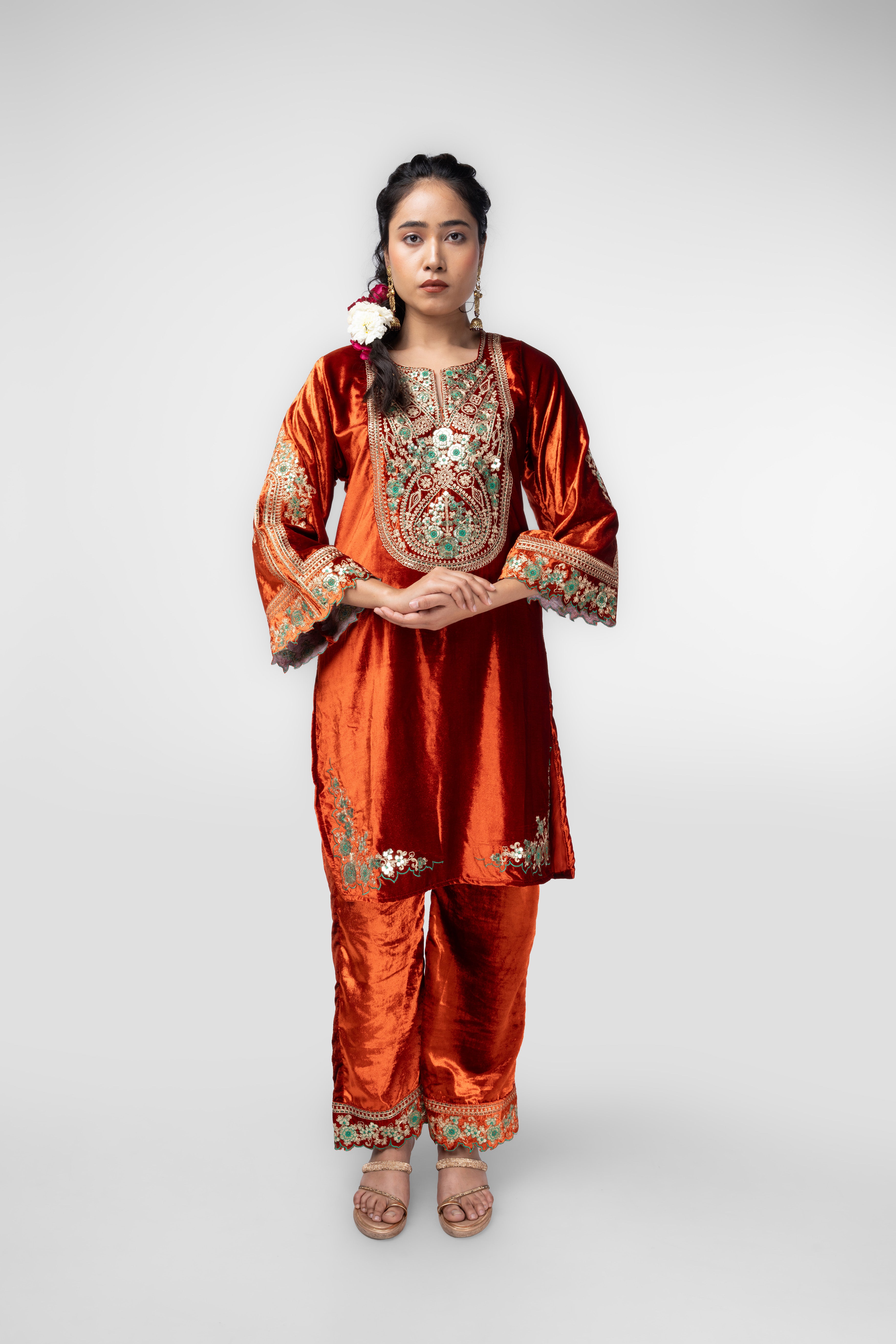 Rusty orange Velvet Embroidered Kurti Set