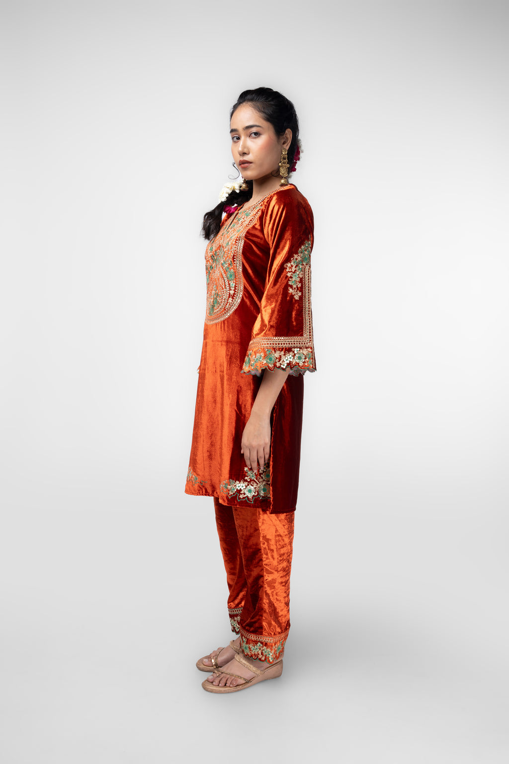 Rusty orange Velvet Embroidered Kurti Set