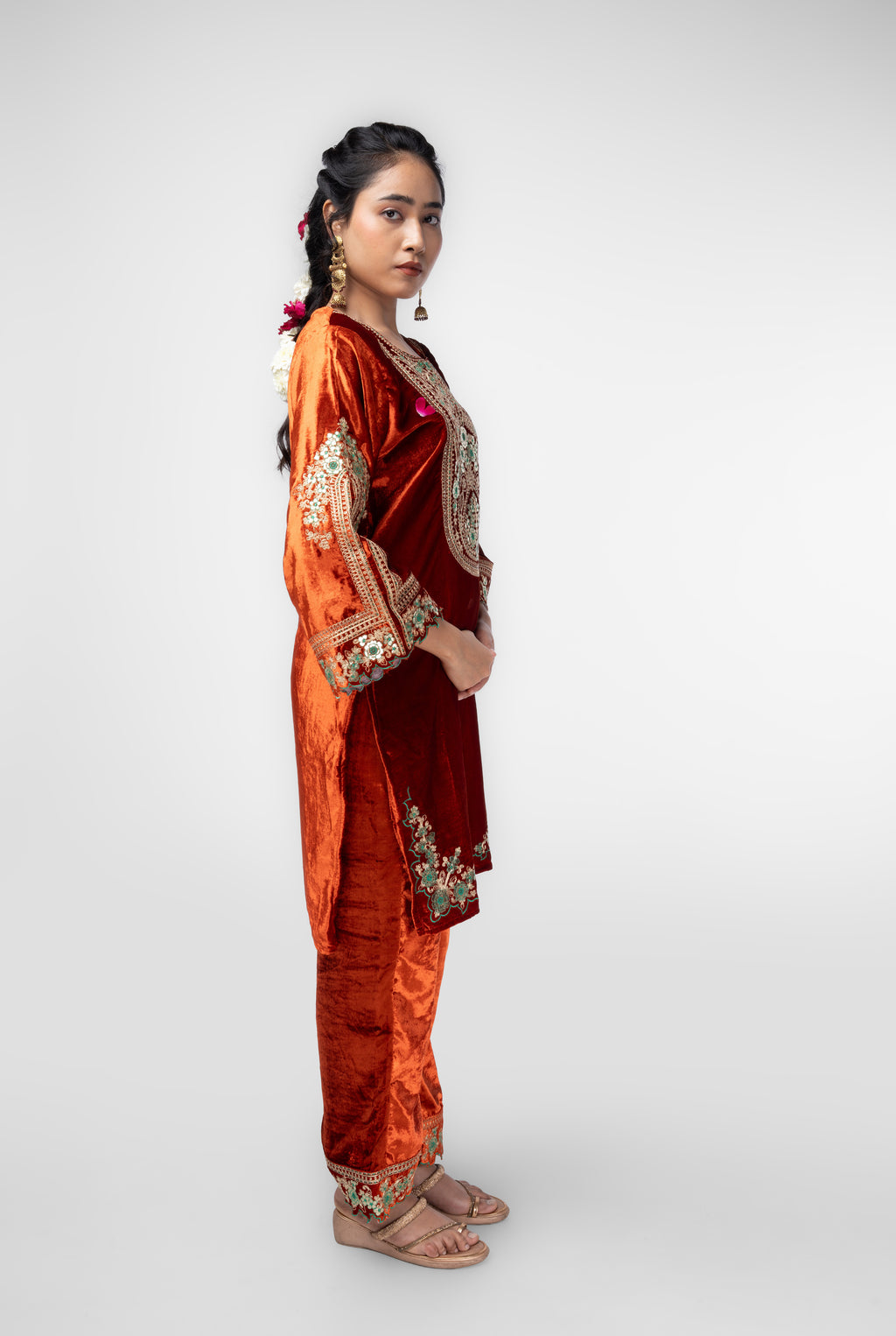 Rusty orange Velvet Embroidered Kurti Set