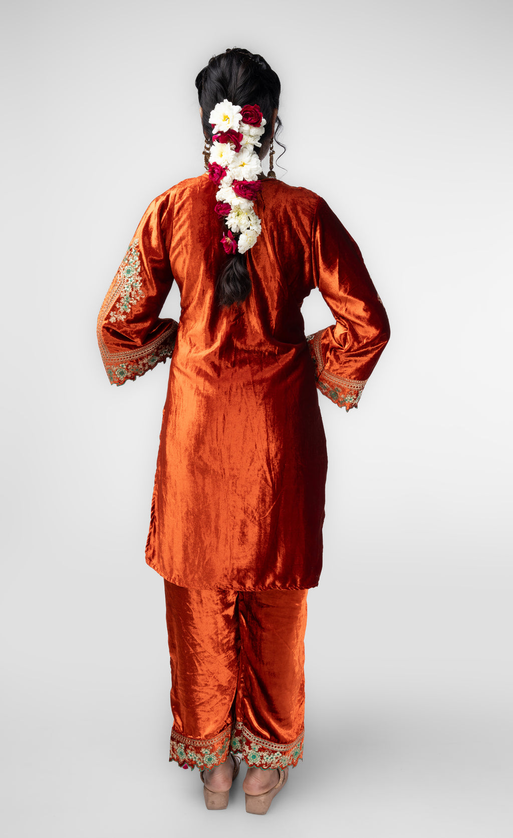 Rusty orange Velvet Embroidered Kurti Set